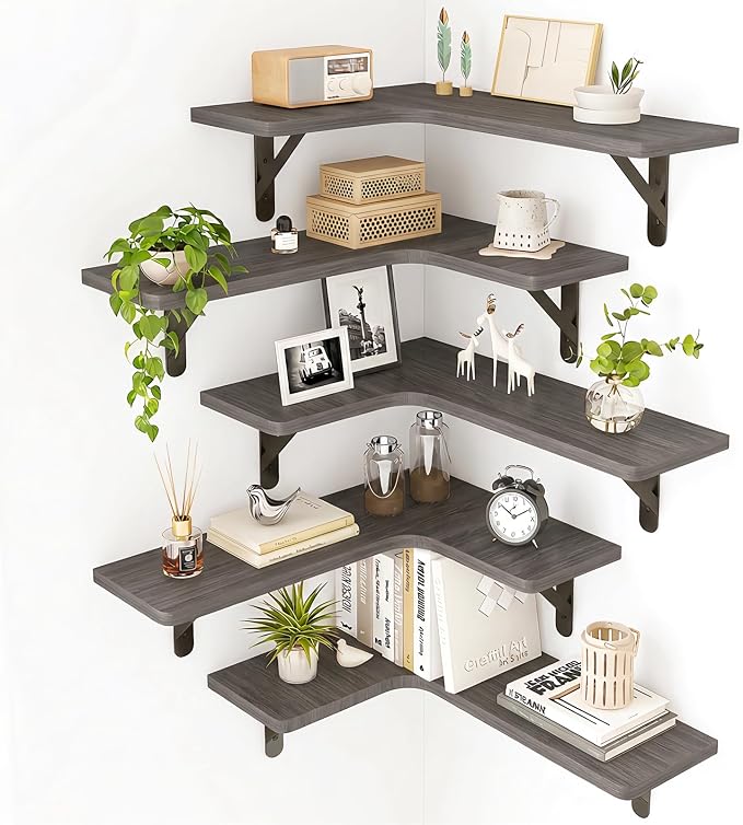 Fixwal Conner Shelves Wall Mounted for Decor, Weathered Grey Set of 5 | Solid wood shelf with metal brackets, holds 40 lbs. Optimizes corner storage. Fits bathroom, kitchen, bedroom & living room.