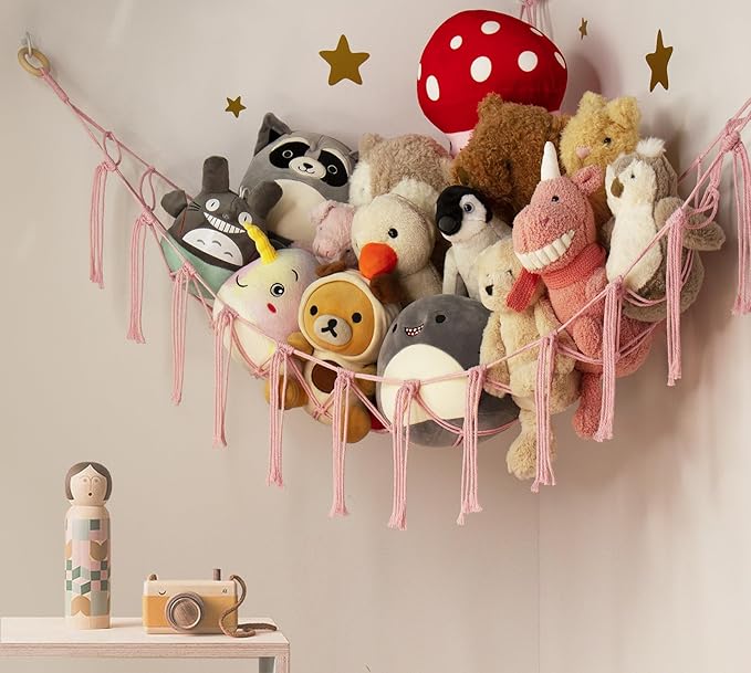 Large Stuffed Animal Storage Hammock Corner Net - Pink Room Decor for Teen Girls - Toys Storage Hanging Stuff Animal Organizer Holder Cute Stuff - Boho Nursery Dorm Bedoom Decor Aesthetic
