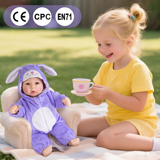 Aori Real Baby Dolls - 17 Inch Realistic Baby Doll with Soft Body & Purple Bunny Outfits for Girls 3+ Pretend Play, Dress Up, Nursery Decor
