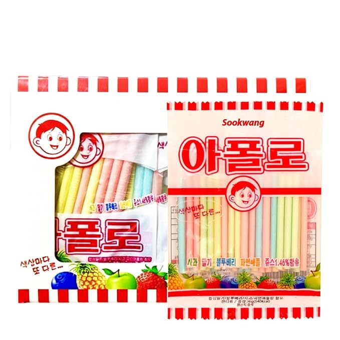 Sookwang Apollo K-Snack Korean Straw Candy – Assorted Flavors: Strawberry, Blueberry, Apple, Pineapple – Twist & Squeeze Roll-On Style Treats, Retro-Style Squeezable Candy_6.34oz / 180g (10gx18ea)