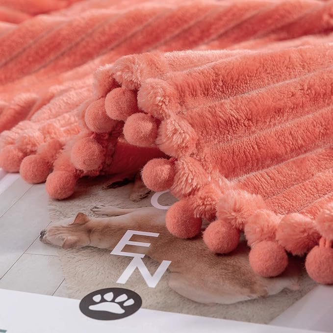DISSA Fleece Blanket Twin Size – 60x80, Coral - Soft, Plush, Fluffy, Fuzzy, Warm, Cozy – Perfect Throw for Couch, Bed, Sofa - with Pompom Fringe - Flannel Blanket