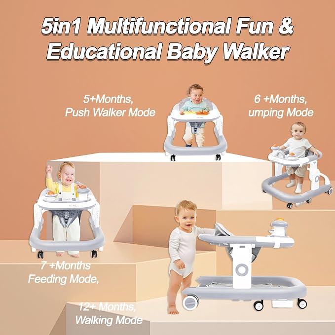 5-in-1 Baby Walker with Wheels Foldable Height-Adjustable Walker for Baby Boy 6-12 Months with Feeding Tray Multi-Functional Activity Center Battery-Free Function (Grey)