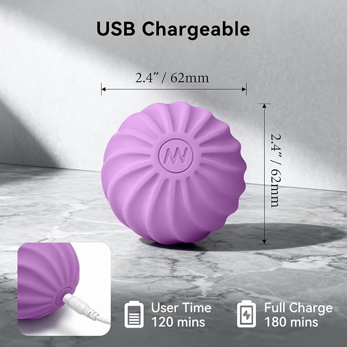 2.4" Mini Electric Vibrating Massage Ball, 10-Speed Fitness Yoga Massage Roller for Palm, Hand, Foot, Leg, Neck, Back, Multi-Directional Massage Ball (Lavender)
