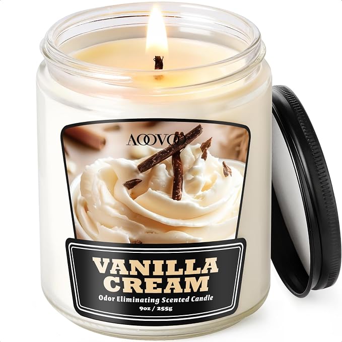 AOOVOO Vanilla Cream Odor Eliminating Candle - 9 oz Non Toxic Highly Fragranced Air Freshing Soy Candle, Eliminates 95% of Smoke, Pet, Food, and Other Smells Quickly, Up to 50 Hours Burn time