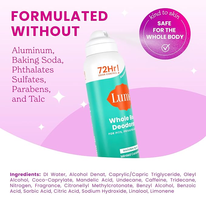 Lume Invisible Spray Deodorant For Women - Whole Body Deodorant Spray - 72Hr Odor Control - Ozone Friendly - Aluminum Free & Baking Soda Free - Skin Loving, Low Irritation - 1pk (Minted Cucumber)