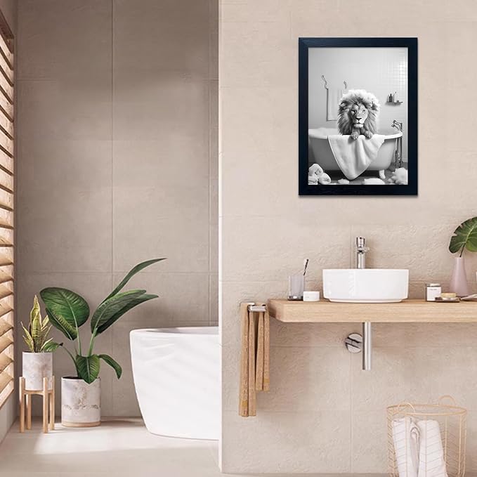 Framed Black and White Lion Wall Art Bathroom Pictures Wall Decor Funny Bathroom Wall Art Animal Canvas Print Artwork