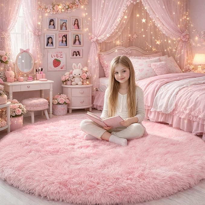 Pink Round Area Rugs 6Ft for Nursery Kids Bedroom, Large Fluffy Shag Circle Rug for Playroom Living Room, Cute Preppy Room Decor for Baby Teen Girls, Cozy Fuzzy Furry Plush Carpets for Dorm Classroom