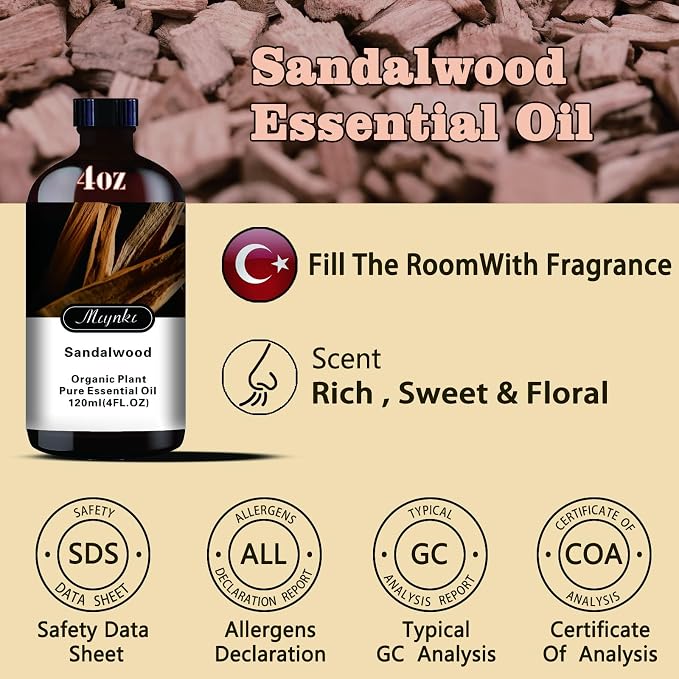 Sandalwood Essential Oil, Sandalwood Oil for Meditation, Yoga, Diffuser, Massage, Skin Care, DIY Soap, Candle, Gift Ready, Sandalwood Fragrance Oil - MLYNKL Essential Oils (4.33 fl oz / 130ml)