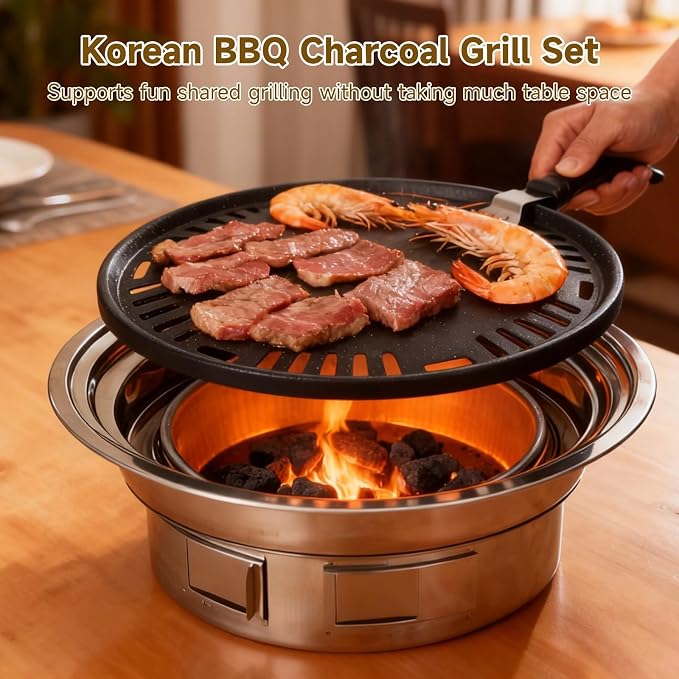Korean BBQ Charcoal Grill Set, Stainless Steel Tabletop Grill with Maifan-Stone Pan, Mesh Rack, Charcoal Bowl, 13.4 in Portable Grill for Outdoor Cooking, Indoor Korean BBQ, Camping, Patio Grilling