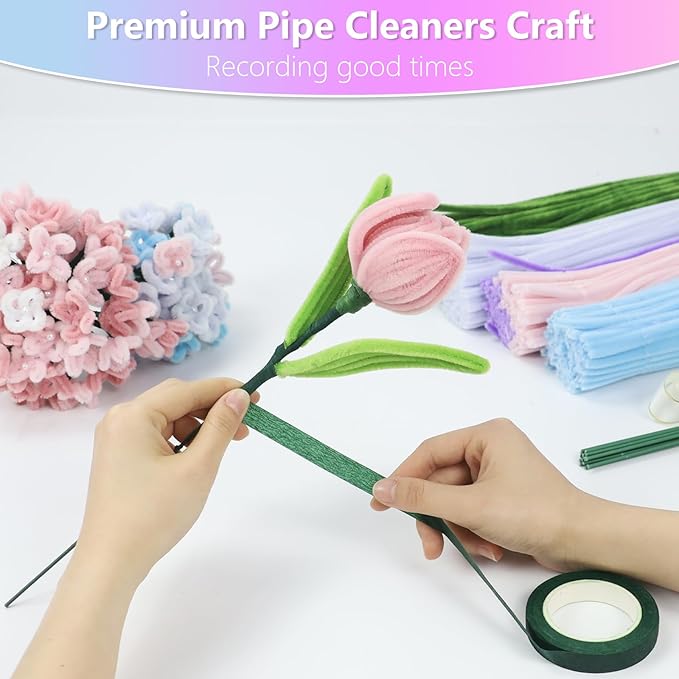 400 Pcs Pipe Cleaners Craft,5 Assorted Colors Pipe Cleaners Bulk, Chenille Stems for DIY Flower Making Kit with Floral Wires, Gardening Tape,Stamen& Ribbon (Colorful)