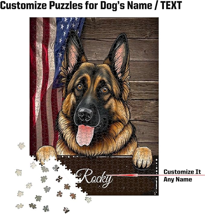 Custom Wooden Jigsaw Puzzles with Your Dog's Name on German Shepherd Art Print - 300 500 1000PCS Puzzles Game and Home Wall Decor
