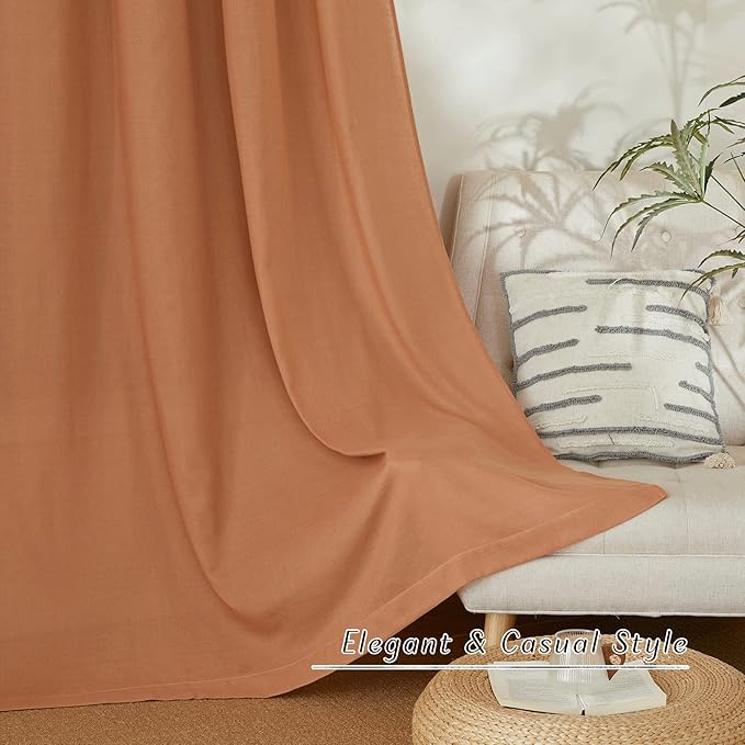NICETOWN Flax Linen Curtains 108 inches Long for Large Windows, Ring Top Privacy with Light Filtering Linen Blend Drapes for Bedroom/Living Room, Burnt Orange, W55 x L108, Set of 2
