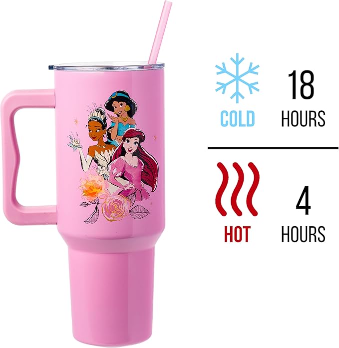 Silver Buffalo Disney Princess Featuring Cinderella, Mulan, Belle, Ariel, Tiana, and Jasmine Double Walled Stainless Steel Tumbler with Handle and Straw, Fits in Standard Cup Holder, 40 Ounces
