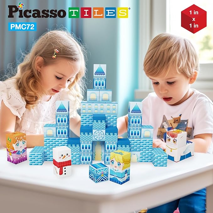 PicassoTiles Magnet Cube Winter Ice Themed Mix and Match Building Block Castle Construction Toy with 7 Magnetic Cubed Character Action Figures STEM Learning Education Sensory Pretend Play Age 3+ PMC72