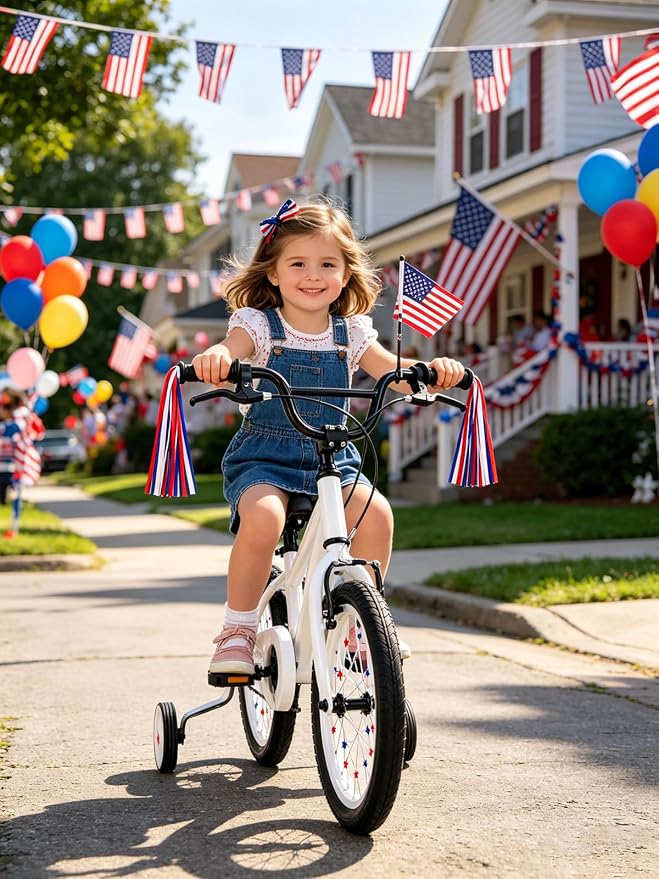 PLATT Kid's Bicycle Handlebar Streamers Colorful Ribbons Tassel for Girls Boys Bicycle Handlebar Scooter Handgrip (1Pair) (Red, white and blue stars)
