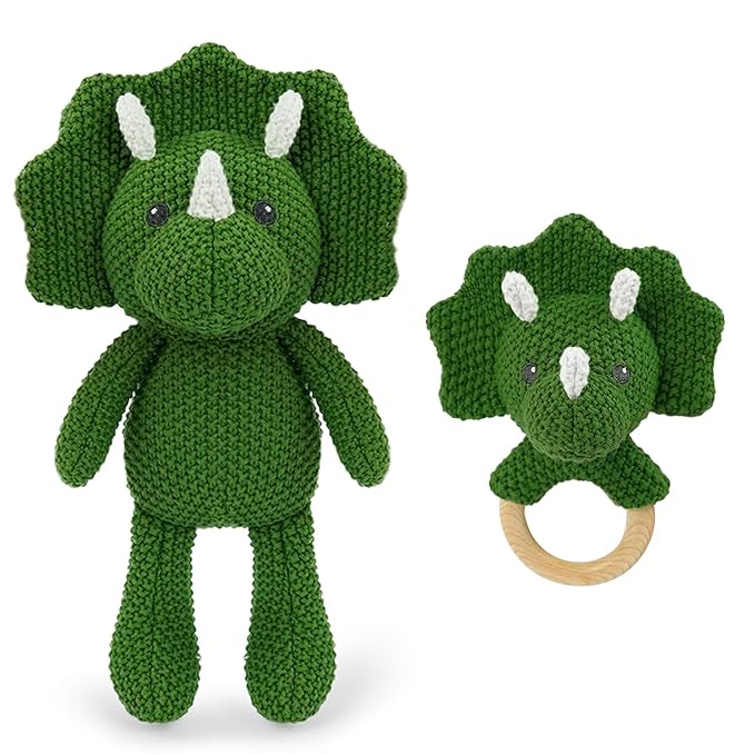 10'' Baby Green Triceratops Stuffed Animal Set with 5.9'' Dino Wooden Baby Rattle Cute Cotton Baby Boy Gifts Teething Plush Doll Toy Teddy Bear for Newborn, Baby Shower, Birthday, Easter Gift