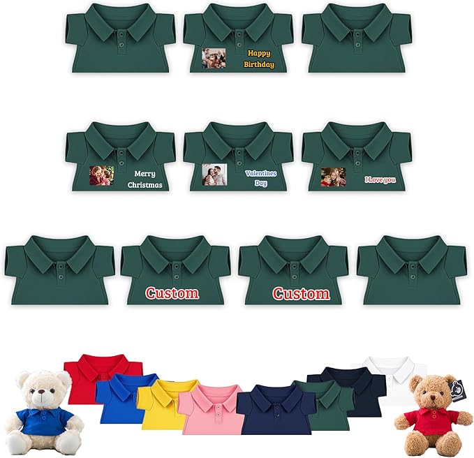 10 Pcs Personalized Teddy Bear Clothes with Text Photo, Custom Stuffed Animal Clothing Fit 8-16 inch Stuffed Bear Clothes for Teddy Bears, Doll Clothing Make Your Own Plush Doll Shirt