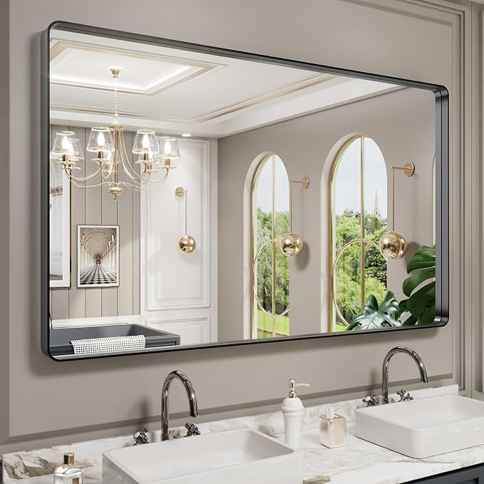 LOAAO 60X36 Inch Black Bathroom Mirror Metal Framed | Rounded Rectangle, Matte Black Bathroom Vanity Mirror, Anti-Rust, Tempered Glass, Hangs Horizontally or Vertically