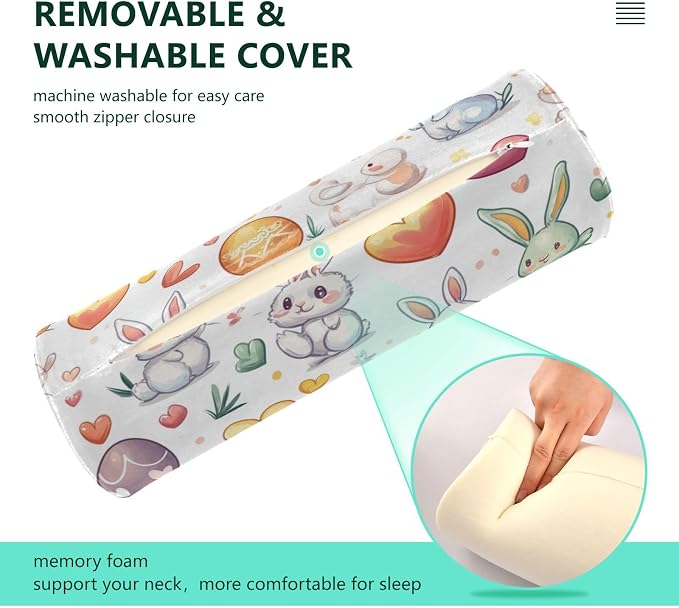 White Rabbit Easter Egg Love01 Neck Roll Pillow Bolster Round Health Memory Foam Long Cervical Cylinder Pillows with Removable Washable Cover for Body Bed Legs Back Yoga