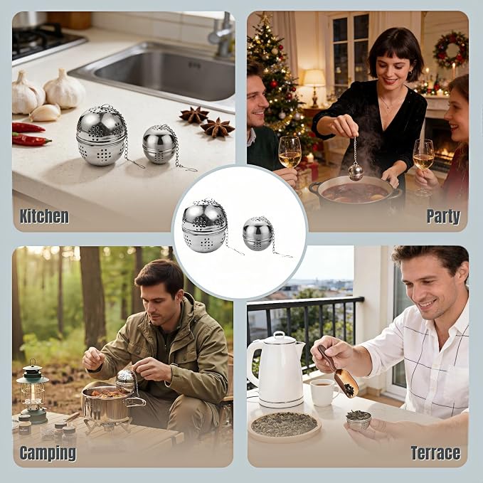 2Pcs Stainless Steel Tea Infuser Ball, Fine Mesh Spice Strainer for Loose Leaf Tea & Cooking, Rotating Lock Leak-Proof, Long Chain Hook for Soup Broth Filter