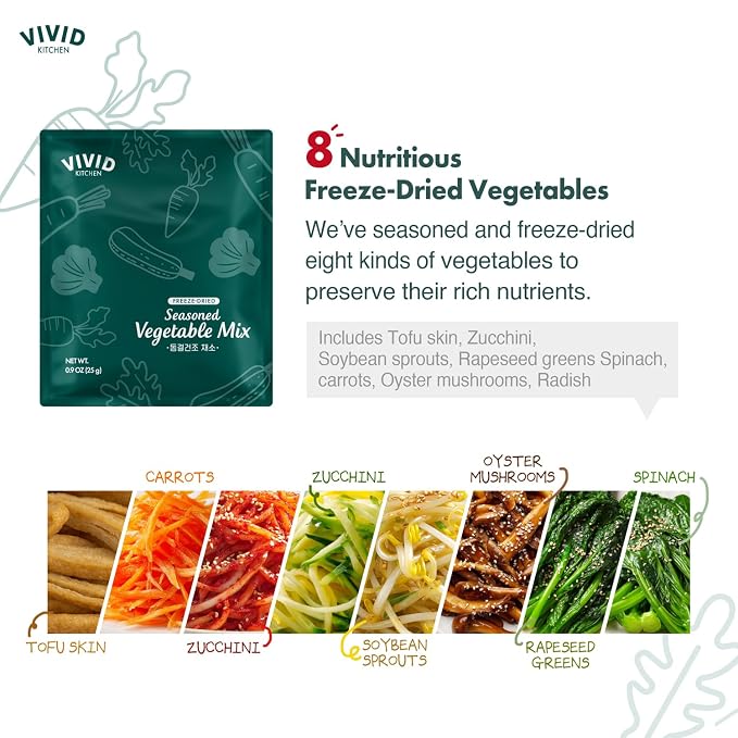 VIVID KITCHEN Freeze-Dried Bibimbap with Zero Sugar Sauce – Plant-Based Korean Meal – 3-Minute Microwave Bibimbap with 8 Vegetables – Lightweight, Portable Bowl (3.8oz / 108g) (3 Pack (3.8 OZ X 3EA), 11.4, Ounce)