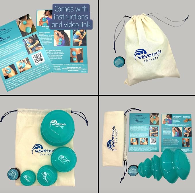 Easy Glide professional Silicone Sport Cupping set with 4 translucent teal silicone cups in cotton bag with 1/3 oz natural Balm. For massage, myofascial release, athletic recovery, cellulite and scars