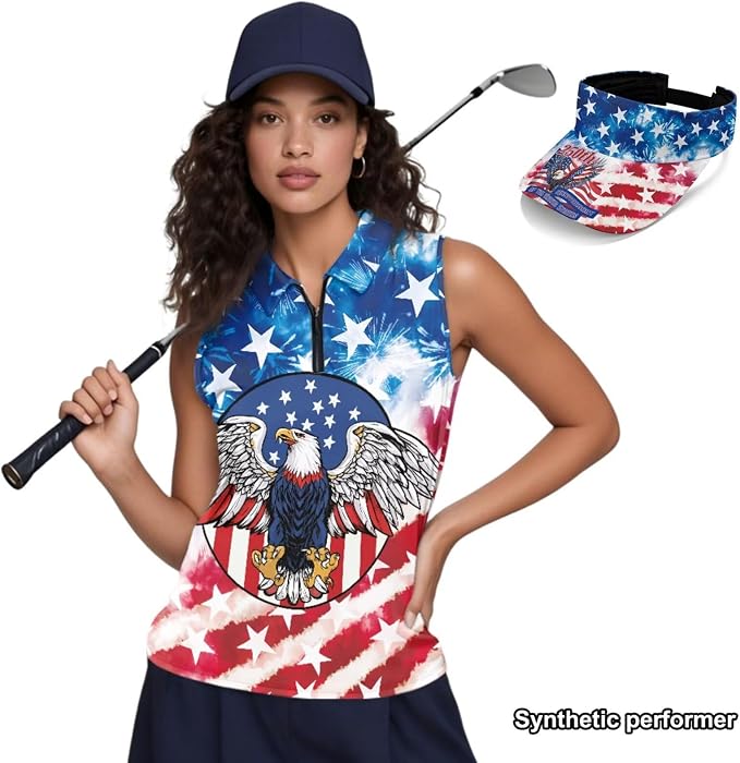 POLERO Golf Tank Top Women Golf Shirts and Visor Hat Collared Racerback Tennis Shirt Set Quarter Zip