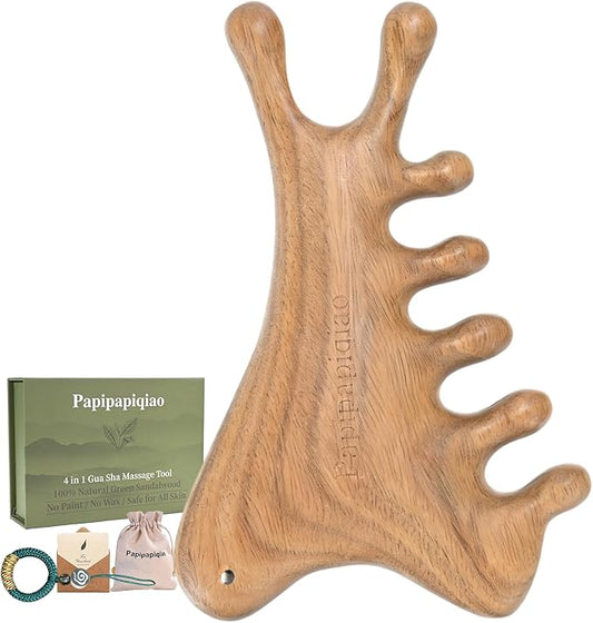 4-in-1 100% Green Sandalwood Massage Comb & Gua Sha Tool | 100% green sandalwood; 4-in-1 wooden scalp massager with smooth rounded edges; gift box, storage pouch and cord included
