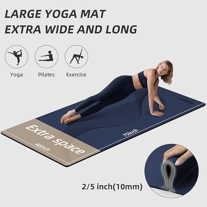 Large Exercise Mat | 10mm Thick TPE Non-slip Gym Mats, Carrying Strap