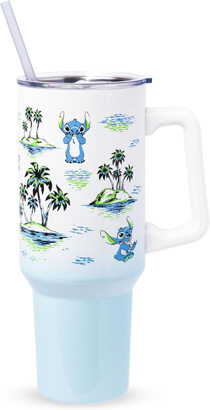 Silver Buffalo Disney Lilo and Stitch Vintage Sketch Palm Trees and Flowers Double Walled Stainless Steel Tumbler with Handle and Straw, Fits in Standard Cup Holder, 40 Ounces
