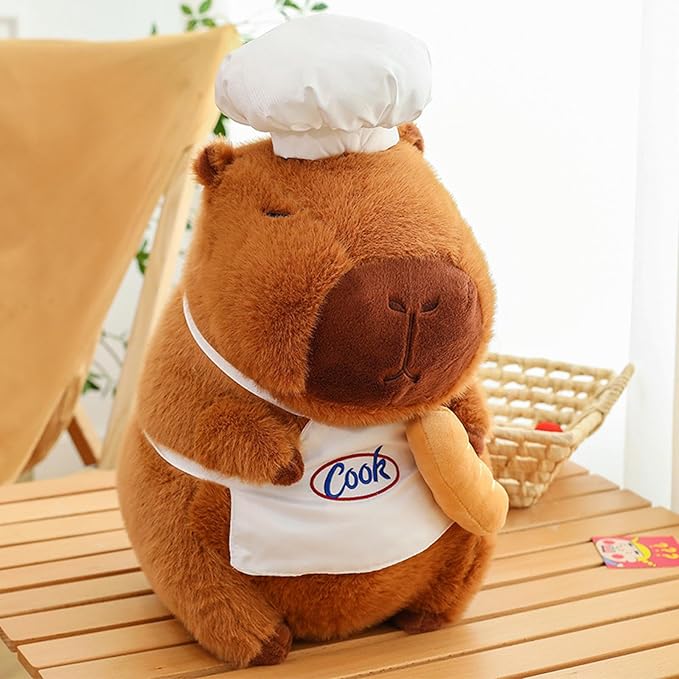 Capybara Plush with Cooking Chef Hat Bread 13.7 inch Cute Capibara Stuffed Animal Ultra Soft Plushies Toys Kawaii Gifts for Kids Brown