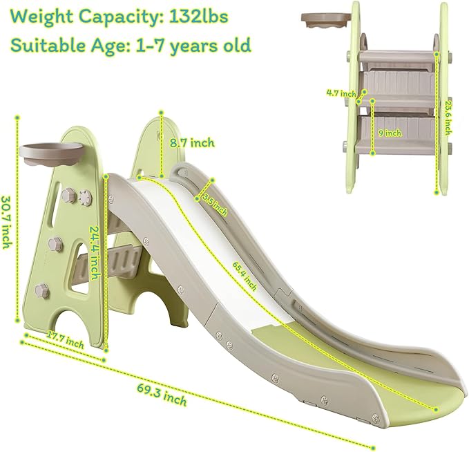 Indoor Toddler Slide for Kids Age 1-7, 3 in 1, Kid Play Climber Playset, Foldiable for Toddlers with Basketball Hoops and Ball, Baby Slide for Backyard Playsets Indoor and Outdoor