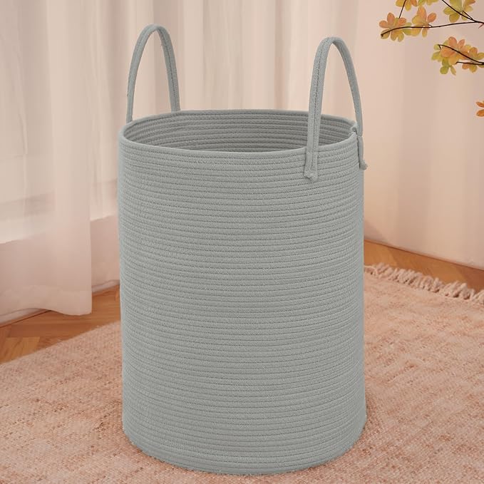 JMvicyroam 60L Cotton Rope Laundry Basket Hamper, Grey | Collapsible laundry basket, reinforced handles, freestanding, machine washable, holds 3-5 thick blankets, clothes or toys