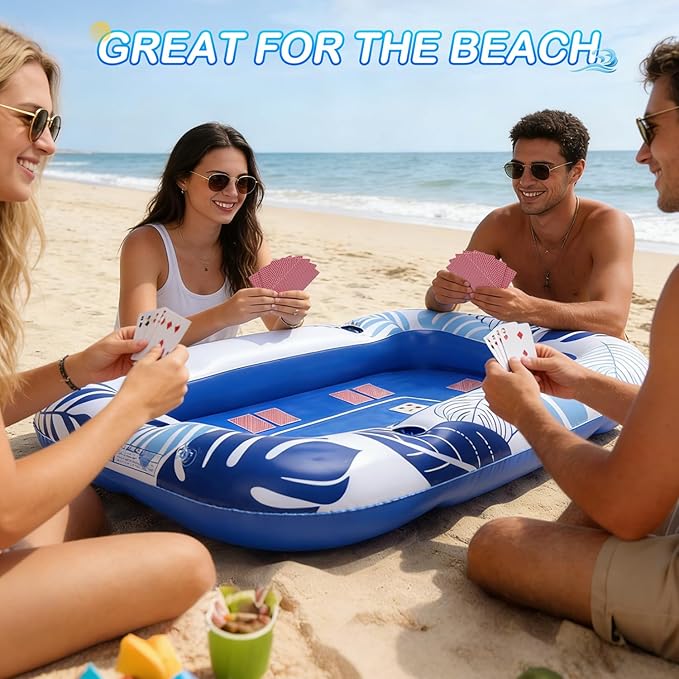 56IN Oversize Floating Card Game Table for Pool with Waterproof Cards - Inflatable Floating Card Table for Adults, Snack Drink Tray with Cup Holders, Hot Tub Lake Summer Beach Fun Accessories