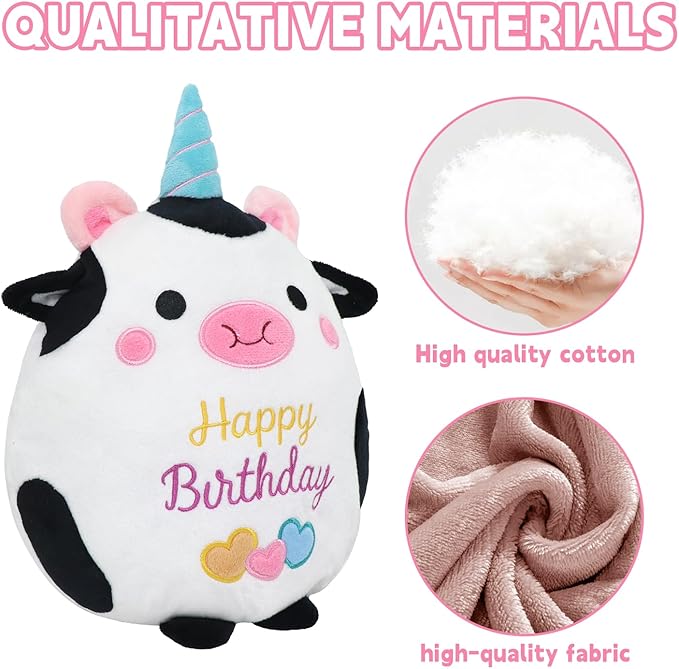 Cow Plush Toy 10 Inch Cute Cow Birthday Stuffed Animal Soft Cow Plushies Pillow Wear Unicorn Birthday Hat Kawaii Cartoon Doll Gifts for Kid Toddlers Home Room Decoration