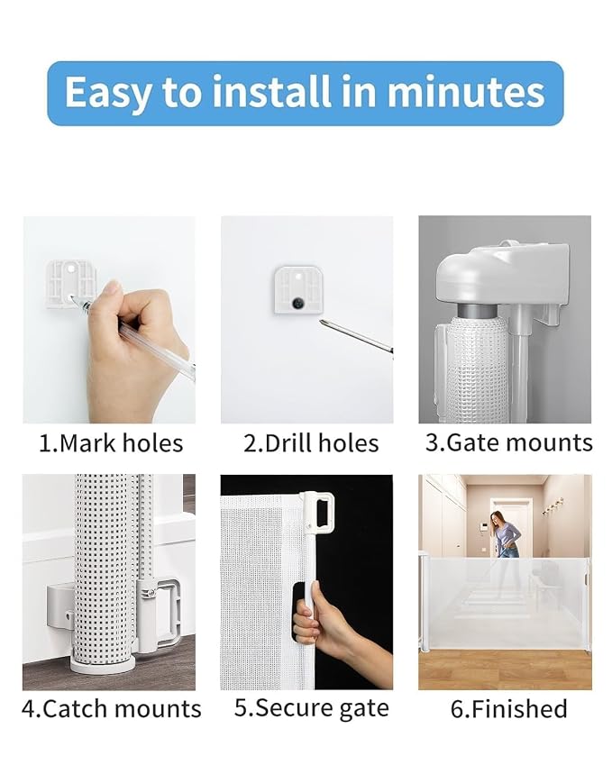 Veraste Retractable Baby Gate for Doorways and Stairs, Mesh Safety Gate for Pet, Indoor & Outdoor Use, One-Hand Operation, Easy Installation, 33.6" Tall, Expands to 55" Wide（White,33.6"x55"