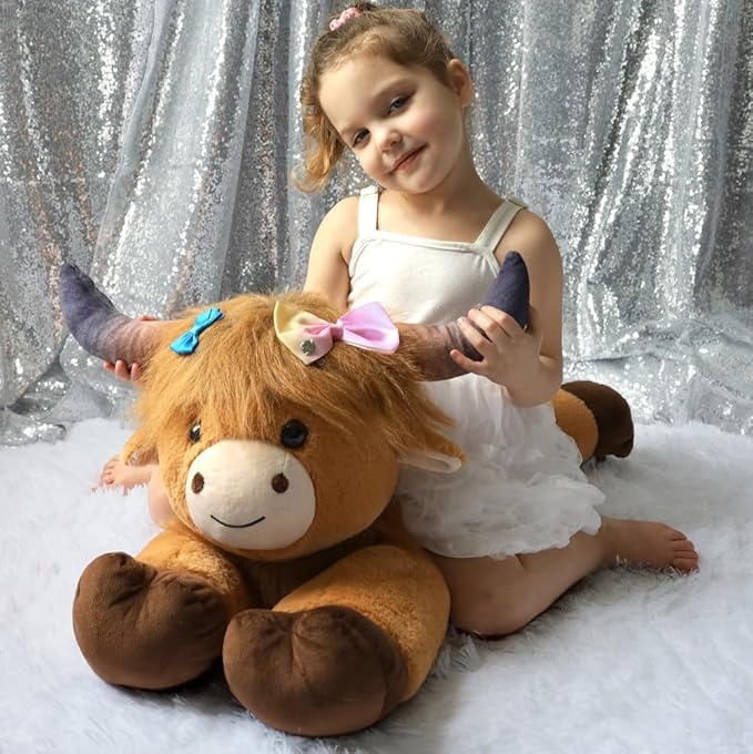 MaoGoLan Big Highland Cow Stuffed Animal for Kid,Large Cow Plush Pillow for Riding,Longhorn Stuffed Animal with Hair,Large Plush Farm Animal for Baby Shower, Birthday Gift,32 inches