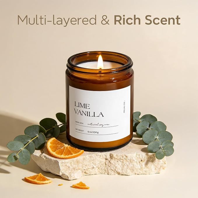 Vanilla Lime Scented Soy Candle for Home, Natural Aromatherapy Candles with Essential Oils, Nontoxic Clean Burn, Strong Balanced Scent, 50 Hour Longlasting, Amber Jar Candel for Women Men(9oz)