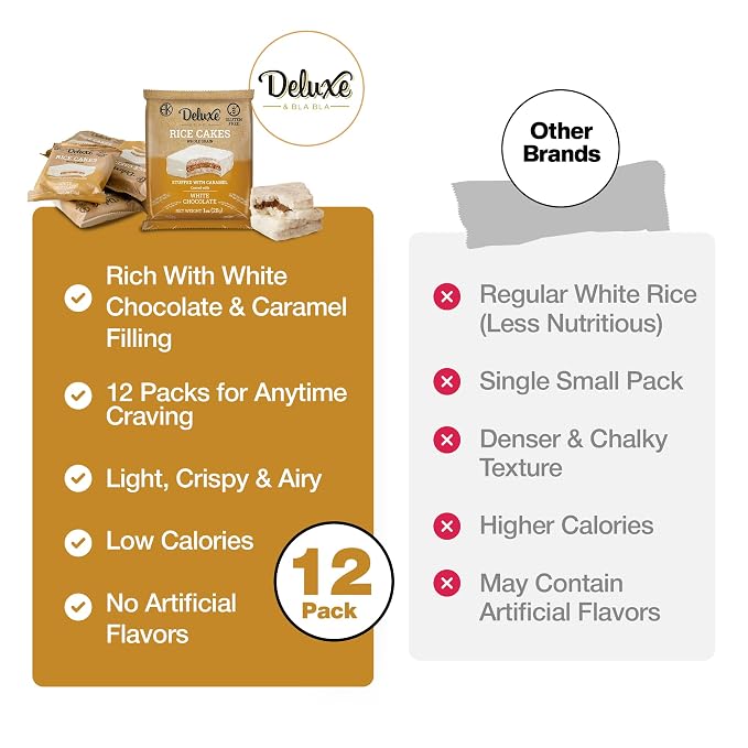 Deluxe & Bla Bla 12 Pack Stuffed Rice Cake Whole Grain, Natural & Healthy Snack Gluten Free, Kosher Certificate & Low Calorie 28 Gr (Caramel White Chocolate)