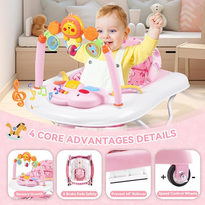 Baby Walker, 5 in 1 Baby Walkers for Boys Girls 6-12 Months, Foldable Walkers for Babies with Bouncer & Feeding Tray, Music, Adjustable Heights, Activity Walker for Infant