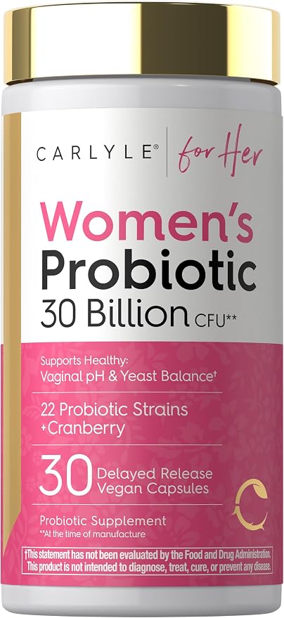 Carlyle Women's 30 Billion CFU Probiotic | 22 Strains plus Cranberry for Healthy Vaginal ph and Yeast Balance | 30 Capsules | Vegan, Non-GMO and Gluten Free | For Her
