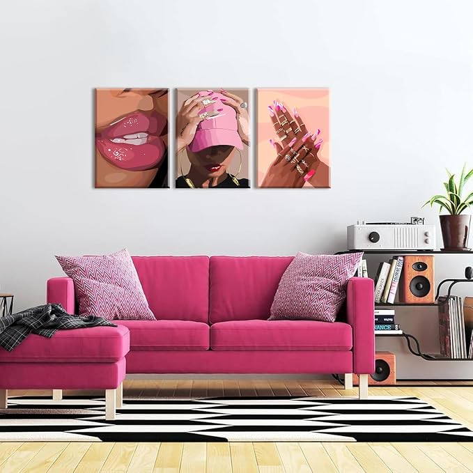 Black Girl Wall Art Set of 3 - Pink African American Woman Canvas Wall Decor Pictures, Fashion Black Woman Paintings Prints for Living Room Bedroom Bathroom Dorm 16x24 inch Framed
