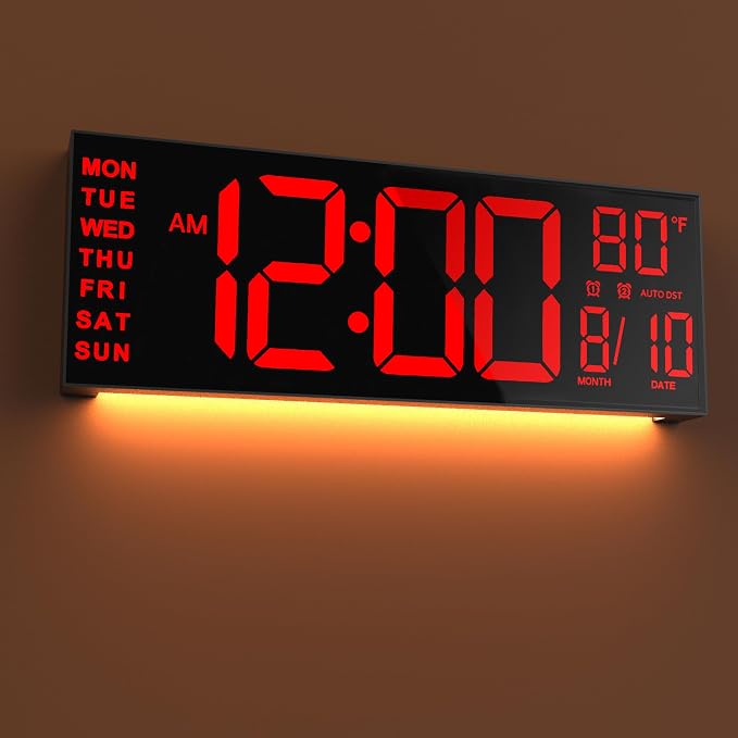 JALL 16" Large Digital Wall Mount Clock, Count Down Timer, Alarm, Big LED, DST, Temperature for Living Room Classroom Desk, Xmas, Birthday Gift for Senior Men Women Mom Dad, Red