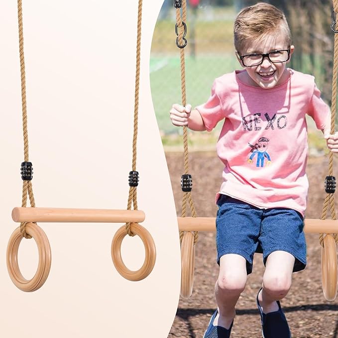 YAERSI Children's Trapeze Swing Bar with Wooden Gym Rings,Trapeze Bar for Swing Set