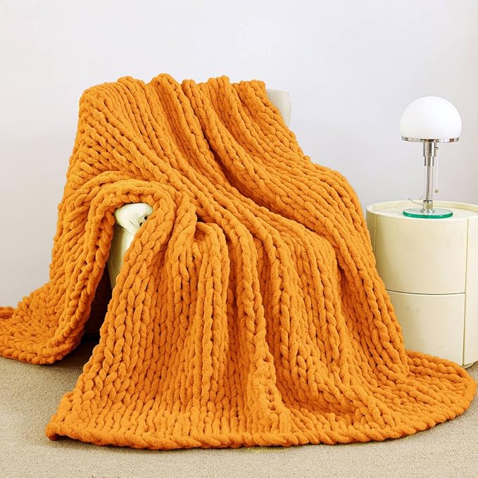 Chunky Knit Blanket Throw for Couch, 51"x63" Chunky Yarn Knitted Blankets | 100% Hand Knit Thick Chenille, Soft Breathable for Bed, Sofa, Home Decor, Cozy Gifts for Women Friends, Orange