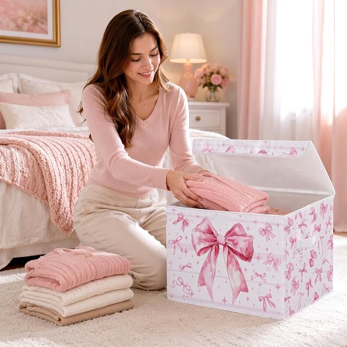Briwooody Pink Bow Storage Bin with Lid and Carrying Handle Cute Coquette Foldable Storage Box Large Bow Knot Girly Decorative Collapsible Container Basket for Organizing Closet Home Bedroom Gift