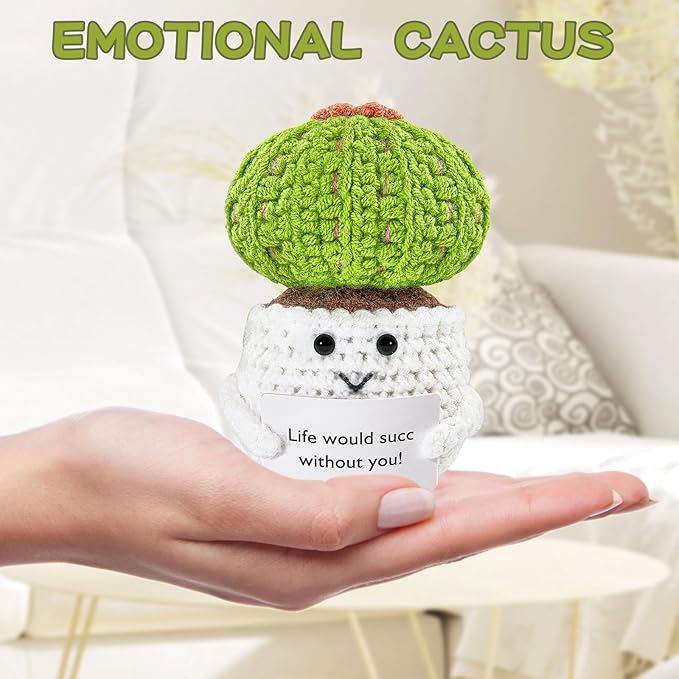 Hoedia Handmade Emotional Pickle Gift, Emotional Cucumber Crochet Doll Inspirational Gifts with Cards, Cute Knitted Funny Support Pickle Potato Friend Birthday (Positive Cactus)
