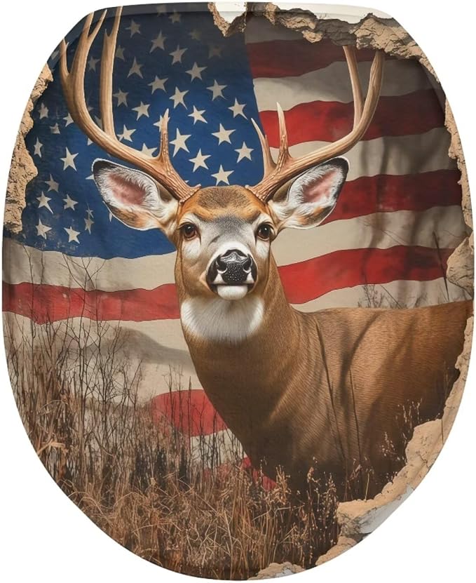 American Flag Deer Toilet Seat Cover for Bathroom 4th of July Decorations Patriotic Toilet Seat Pads Dust Cover Replacement Reusable Replacement Fabric Elastic,Easy to Clean