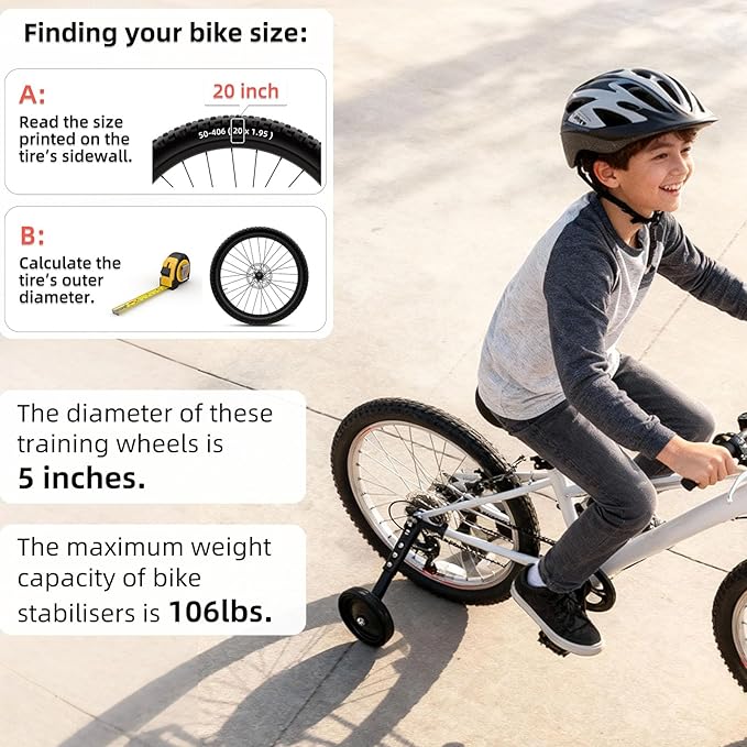 Multi-speed Kids Bike Training Wheels Fits 16", 18", 20",22", 24" Bikes, Adjustable for Variable Speeds Includes Stabilizers Kits, 1 Pair, Black