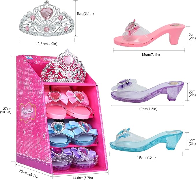 Girls Play Set! Princess Dress Up Shoes and Tiara (3 Pairs of Shoes + 1 Tiara) Role Play Collection Fashion Princess Shoe for Little Girls
